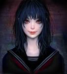  1girl blue_hair long_hair looking_at_viewer messy_hair mujiha_(mlog) original realistic red_eyes school_uniform smile veins 