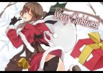  1girl ;p bag bell black_gloves black_panties blue_eyes blush brown_hair butt_crack cape capelet corset from_behind gift gloves hair_ornament hairclip hood_down leg_warmers letterboxed nanahara_fuyuki no_pants original panties sack santa_costume satchel short_hair solo tongue underwear wink 