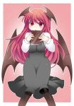  1girl bat_wings black_dress book commentary_request dress dress_shirt embarrassed hammer_(sunset_beach) head_wings koakuma long_hair long_sleeves looking_at_viewer open_mouth pantyhose pink_background pornography red_eyes redhead shirt solo touhou wings 