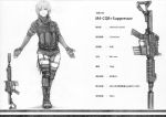  1girl absurdres assault_rifle belt braid combat_boots elbow_gloves fingerless_gloves gloves gun highres imizu_(nitro_unknown) izayoi_sakuya knee_pads knife load_bearing_vest m4_carbine military monochrome no_hat operator outstretched_arms rifle scan short_hair short_shorts shorts smile solo suppressor thigh-highs touhou translation_request twin_braids weapon 