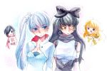  1girl black_hair blake_belladonna blonde_hair blue_eyes bow cape hair_bow long_hair mizoreame ponytail ruby_rose rwby short_hair weiss_schnee white_hair yang_xiao_long yellow_eyes 