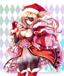  1girl argyle argyle_background black_legwear blonde_hair boots box breasts cleavage dream_drops dress eyepatch gift gift_box hat heart_eyepatch highres juke pantyhose pointy_ears santa_hat thigh_boots thighhighs violet_eyes 
