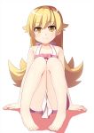  1girl barefoot blonde_hair dacchi dress highres long_hair monogatari_(series) nisemonogatari oshino_shinobu sitting yellow_eyes 