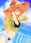  1girl :d absurdres bikini black_bikini blonde_hair blue_sky breasts cleavage clouds flower green_eyes gulim hat hibiscus highres hoshii_miki idolmaster ocean open_mouth railing see-through shirt short_shorts shorts sky smile swimsuit tagme 