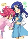  2girls aida_mana blue_eyes blue_hair blush braid dokidoki!_precure half_updo hishikawa_rikka homing_(areya) long_hair multiple_girls open_mouth pink_eyes pink_hair precure short_hair sketch touching translated yuri 