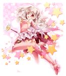  1girl checkered checkered_background fate/kaleid_liner_prisma_illya fate_(series) feathers gloves illyasviel_von_einzbern kaleidostick kamiya_tomoe long_hair magical_girl open_mouth panties pink_legwear polka_dot polka_dot_panties prisma_illya red_eyes silver_hair solo star thighhighs underwear wand 