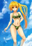  1girl bikini blonde_hair butterfly... camouflage green_eyes kaku-san-sei_million_arthur long_hair side_ponytail solo swimsuit 