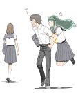  1boy 2girls anger_vein arm_hug brown_hair floating green_hair hand_in_pocket heart hjk jealous long_hair lum moroboshi_ataru multiple_girls pleated_skirt school_uniform short_hair skirt urusei_yatsura white_background 