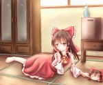  1girl absurdres arm_support ascot bow brown_eyes brown_hair cabinet cheek_poke detached_sleeves dior-zi flower hair_bow hair_tubes hakurei_reimu hand_on_own_face head_rest highres indoors long_hair looking_at_viewer lying no_socks pantyhose poking skirt skirt_set smile solo table tatami touhou vase window yukkuri_shiteitte_ne 