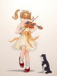  1girl absurdres bare_shoulders bow_(instrument) cat child choker closed_eyes dress eisaku11 hair_ornament highres instrument leg_up lips original playing_instrument red_shoes shoes socks standing_on_one_leg traditional_media twintails violin white_background white_legwear yellow_dress 