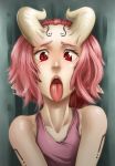  1girl anael_(whistle_frog) demon_girl demon_horns eyebrows facial_mark horns lips nose open_mouth original pink_hair pointy_ears red_eyes short_hair solo succubus tank_top tattoo tongue tongue_out uvula whistle_frog 