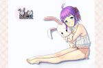  1girl ahoge barefoot blue_eyes blush hair_bobbles hair_ornament hair_ribbon hairclip heterochromia highres legs pajamas purple_hair red_eyes ribbon short_hair shorts smile solo stuffed_animal stuffed_bunny stuffed_toy twintails usanekorin 