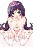  1girl blush breasts dress garter_straps green_eyes long_hair looking_at_viewer love_live!_school_idol_project open_mouth ponkotsu_(ayarosu) purple_hair sitting smile solo toujou_nozomi twintails very_long_hair wariza wedding_dress 