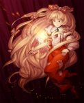  1girl arm_garter baggy_pants flame fujiwara_no_mokou hair_ribbon long_hair long_sleeves orange_eyes pants puffy_long_sleeves puffy_sleeves ribbon shinburu solo touhou tress_ribbon very_long_hair white_hair 