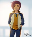  1boy character_name hands_in_pockets inazuma_eleven_(series) inazuma_eleven_go male minamisawa_atsushi mizuhara_aki open_clothes open_jacket open_mouth purple_hair raimon soccer_uniform solo track_jacket 