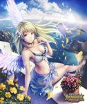  1girl anbe_yoshirou barefoot bikini bird blonde_hair blue_eyes breasts cleavage flower flower_pot hair_flower hair_ornament long_hair ocean original petals sarong seagull sitting sky solo swimsuit water wings 