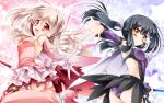  1girl black_hair checkered checkered_background fate/kaleid_liner_prisma_illya fate_(series) feathers gloves hair_ornament hairclip highres illyasviel_von_einzbern kaleidostick kamiya_tomoe long_hair magical_girl magical_ruby miyu_edelfelt open_mouth panties pink_legwear polka_dot polka_dot_panties ponytail prisma_illya purple_panties red_eyes silver_hair smile solo star thigh-highs underwear wand yellow_eyes 