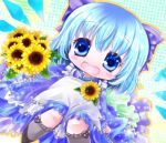 1girl alternate_costume apron blue_eyes blue_hair blush_stickers bouquet bow chibi cirno dutch_angle flower gradient gradient_background hair_bow japanese_clothes kimono kneehighs knees_together_feet_apart light_particles looking_at_viewer open_mouth outline polka_dot polka_dot_background short_hair solo sunflower touhou tsukiori_sasa 
