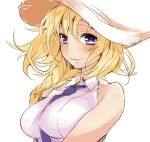  1girl blonde_hair blush braid breasts fate/apocrypha fate_(series) hat long_hair necktie nito_(siccarol) rough ruler_(fate/apocrypha) simple_background single_braid sleeveless smile solo violet_eyes white_background 