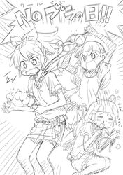  /\/\/\ 2013 2girls =_= afterimage aoki_reika artist_name bangs blood blunt_bangs bra dated food greyscale hair_ornament hair_ribbon highres ice_cream ice_cream_cone isedaichi_ken long_hair midorikawa_nao monochrome motion_lines multiple_girls nosebleed open_mouth pinky_out ponytail precure ribbon simple_background sketch skirt smile smile_precure! squatting sweat translation_request underwear wavy_mouth white_background 