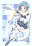  1girl armband blue_eyes blue_hair cape foreshortening gloves hair_ornament hairclip highres magical_girl mahou_shoujo_madoka_magica mahou_shoujo_madoka_magica_movie midrune miki_sayaka outstretched_arm outstretched_hand short_hair smile solo soul_gem sword thighhighs weapon zettai_ryouiki 