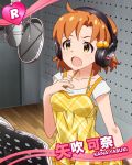  1girl ahoge brown_hair character_name hair_ornament hand_on_own_chest headphones heart idolmaster idolmaster_million_live! microphone official_art open_mouth recording_studio solo sweat yabuki_kana yellow_eyes 