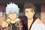  2boys alvin_(tales) alvin_(tales)_(cosplay) brown_eyes brown_hair cosplay costume_switch cravat gintama grin halto hand_on_shoulder jacket male multiple_boys sakata_gintoki sakata_gintoki_(cosplay) seiyuu_connection smile sugita_tomokazu tales_of_(series) tales_of_xillia white_hair 