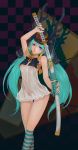  1girl absurdres aqua_hair arm_up blue_eyes hatsune_miku highres katana kneehighs long_hair quaanqin solo striped striped_legwear sword twintails very_long_hair vocaloid weapon 