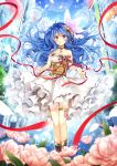  1girl bare_arms bare_shoulders blue_hair brooch building choker collarbone corset dress flower hagiwara_rin hair_ornament jewelry leg_band long_hair looking_at_viewer open_mouth original pendant petals pink_eyes ribbon skyscraper solo strapless_dress very_long_hair white_dress wind 