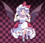  1girl :d bat_wings blue_hair checkered checkered_background hat looking_at_viewer mary_janes open_mouth red_eyes remilia_scarlet satou_kibi shoes short_hair skirt skirt_set slit_pupils smile solo touhou wings wrist_cuffs 