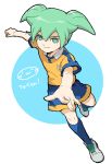  1boy character_name fei_rune green_eyes green_hair inazuma_eleven_(series) inazuma_eleven_go inazuma_eleven_go_chrono_stone lightning_bolt male mizuhara_aki raimon simple_background soccer_uniform solo white_background 