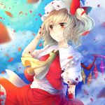  1girl ascot blonde_hair blood blood_on_face blood_on_fingers bloody_clothes crystal flandre_scarlet hat highres petals puffy_sleeves red_eyes renkarua ribbon rose_petals shirt short_hair short_sleeves side_ponytail skirt solo tears touhou vest wings 