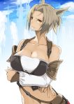  1girl animal_ears armor asanuma bag blush breast_hold breasts brown_eyes brown_hair buckle cat_ears character_request cleavage facial_mark final_fantasy final_fantasy_xiv frown large_breasts lips midriff miqo&#039;te navel pouch short_hair shoulder_bag solo wavy_mouth yellow_eyes 