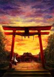  1girl bow brown_hair clouds detached_sleeves forest hair_bow hair_tubes hakurei_reimu hakurei_shrine highres long_sleeves nature qunqing revision shimenawa shirt skirt skirt_set solo stairs sunset tile_floor tiles torii touhou wide_sleeves 