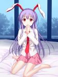  1girl animal_ears barefoot covering_mouth highres long_hair long_sleeves looking_at_viewer necktie on_bed pillow pink_eyes purple_hair rabbit_ears reisen_udongein_inaba shirt sitting skirt solo touhou tucana very_long_hair wariza window 