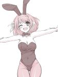  1girl animal_ears breasts bunnysuit cleavage haruhisky highres monochrome pantyhose rabbit_ears short_hair solo suzumiya_haruhi suzumiya_haruhi_no_yuuutsu wink 