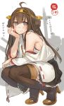  1girl ahoge bare_shoulders braid breasts brown_hair brown_legwear chin_rest detached_sleeves double_bun grey_eyes headgear high_heels japanese_clothes kantai_collection kippu kongou_(kantai_collection) long_hair looking_at_viewer personification sideboob skirt smile solo squatting thigh-highs wide_sleeves 