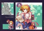  1girl absurdres alice_margatroid an2a blonde_hair blue_eyes book crease doll flower hairband headband highres huge_filesize lolita_hairband long_hair open_book open_mouth ribbon scan shanghai_doll short_hair smile solo text touhou 