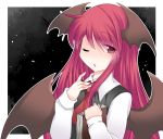  1girl ascot book bust commentary_request dress_shirt hammer_(sunset_beach) head_wings koakuma long_hair looking_at_viewer open_mouth red_eyes redhead shirt solo touhou wings 