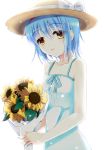  1girl blue_hair brown_eyes dress flower hat highres kurose_yuuki little_busters!! nishizono_mio school_uniform short_hair sunflower 