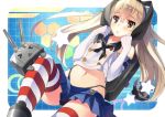  &gt;_&lt; 1girl anchor blonde_hair brown_eyes elbow_gloves gloves hair_ornament hair_ribbon hairband kantai_collection long_hair navel open_mouth panties ribbon sailor_dress shimakaze_(kantai_collection) solo star striped striped_legwear thighhighs underwear uwtk 