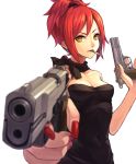  1girl aiming_at_viewer bare_arms bare_shoulders black_dress cigarette dress dual_wielding earrings fkey hand_gun jewelry looking_at_viewer neckerchief original ponytail red_fingernails redhead simple_background solo strapless_dress trigger_discipline weapon white_background yellow_eyes 