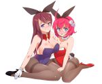  2girls animal_ears blue_eyes bowtie breasts brown_hair bunnysuit character_request cleavage detached_collar dice gloves highres kuzuaki long_hair multiple_girls pantyhose pink_hair rabbit_ears sengoku_collection short_hair sitting violet_eyes wariza 