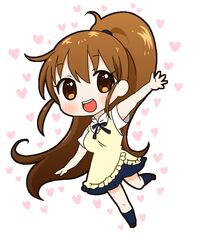  1girl apron blush brown_eyes brown_hair chibi heart open_mouth ponytail smile solo taneshima_popura waitress working!! 