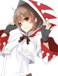  1girl artist_request breasts brown_eyes brown_hair character_request ear_studs earrings final_fantasy fingerless_gloves gloves hood jewelry short_hair smile solo white_background white_mage 