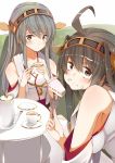  2girls ahoge black_hair blue_eyes blush breasts cake cup detached_sleeves eating food food_on_face hairband haruna_(kantai_collection) headgear kantai_collection kitsuneko_azarashi kongou_(kantai_collection) long_hair looking_at_viewer multiple_girls smile teacup yellow_eyes 