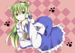 1girl animal_ears breasts cat_ears cleavage detached_sleeves frog_hair_ornament green_hair hair_ornament kemonomimi_mode kochiya_sanae long_hair long_skirt paw_print skirt snake_hair_ornament solo touhou tsukikae_konoka