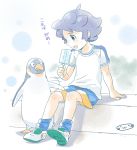  1boy bird inazuma_eleven_(series) inazuma_eleven_go kageyama_hikaru male mizuhara_aki open_mouth penguin purple_hair raimon sitting solo translation_request 