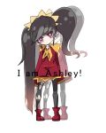  1girl ashley black_hair blush character_name english long_hair pigeon-toed red_eyes simple_background solo standing tagme thigh-highs torn_clothes torn_thighhigh twintails uneven_twintails very_long_hair warioware white_background 