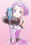  1girl bare_shoulders black_gloves dokidoki!_precure gloves headset index_finger_raised kenzaki_makoto kurochiroko outstretched_arms precure purple_background purple_hair rakeru_(dokidoki!_precure) short_hair simple_background smile solo squeezing violet_eyes 